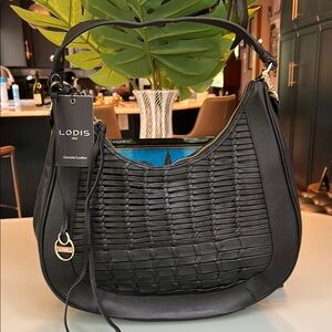 Lodis Black Woven Leather Hobo Bag